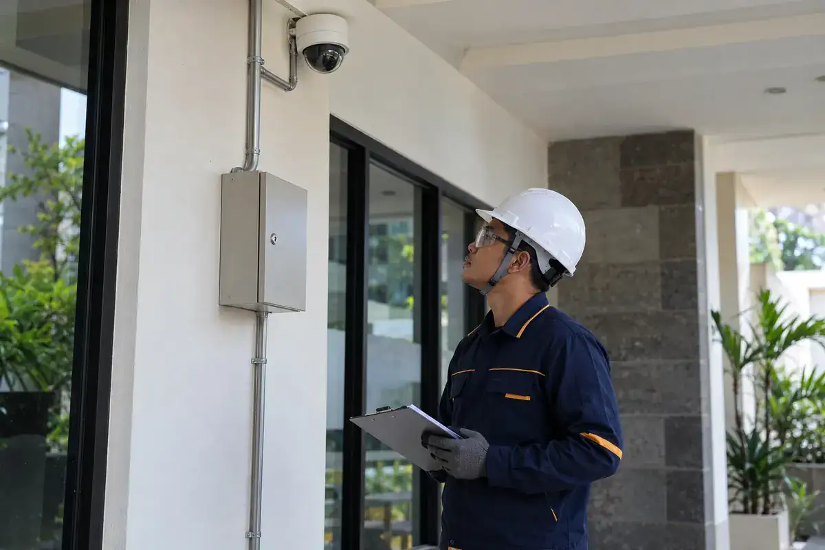 Ilustrasi AI teknisi meninjau kamera CCTV dan kabinet recorder tertutup di gedung usaha.