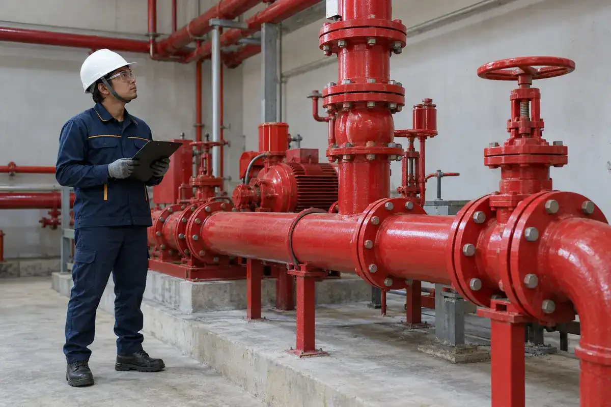 Ilustrasi AI teknisi meninjau pipa hydrant merah dan valve pada ruang pompa kebakaran.