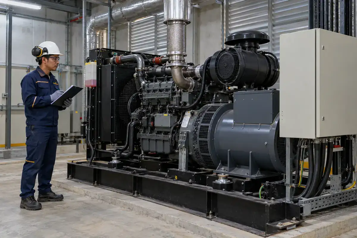 Ilustrasi AI teknisi meninjau genset yang berhenti di ruang peralatan pabrik.
