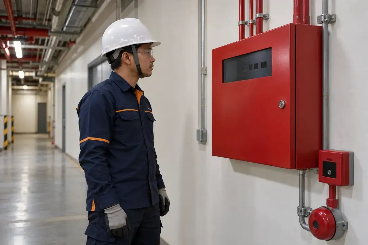 Ilustrasi AI teknisi meninjau panel fire alarm tertutup pada koridor gedung.
