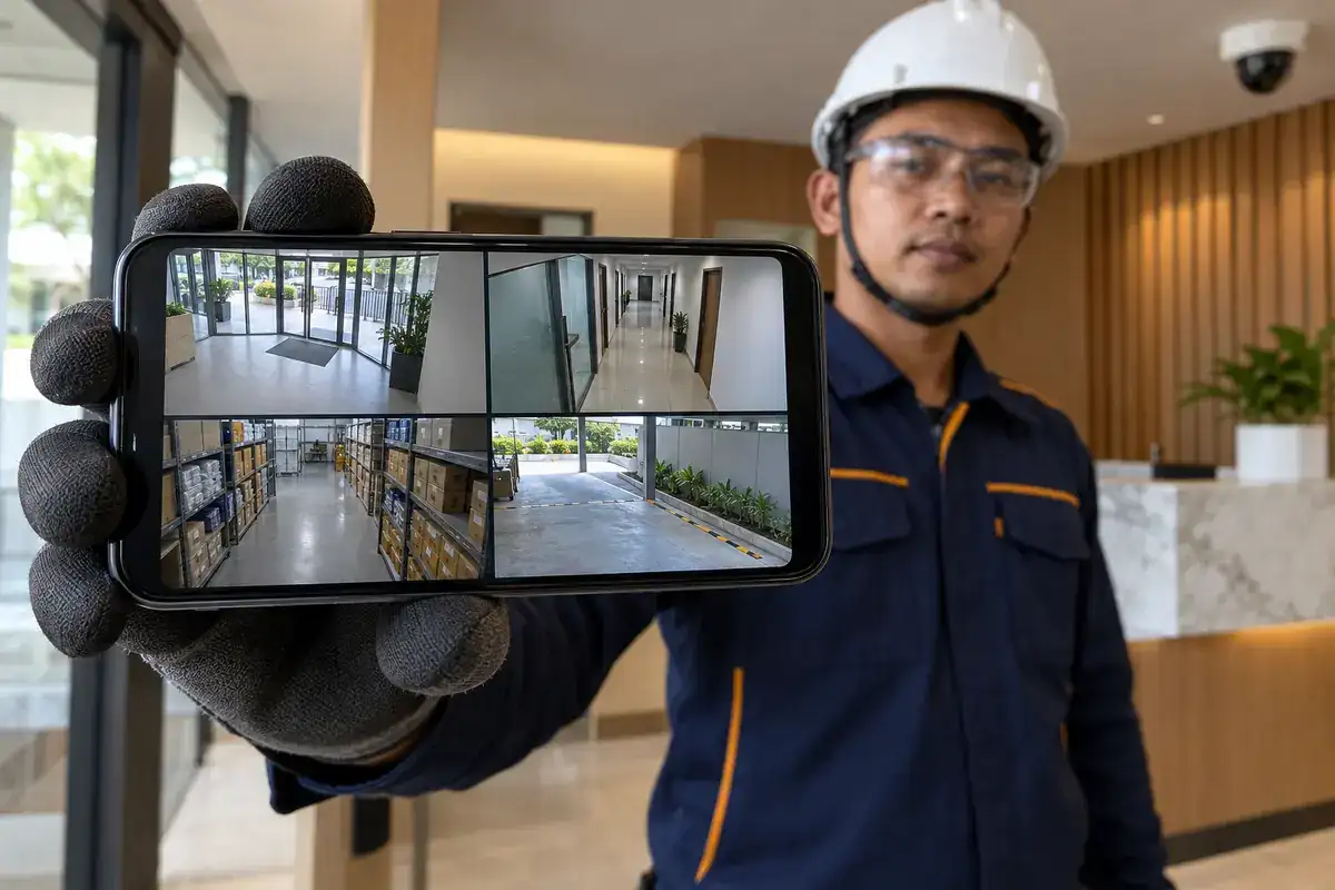Ilustrasi AI layar HP menampilkan empat tampilan kamera pada ruko dan kantor tanpa logo aplikasi.