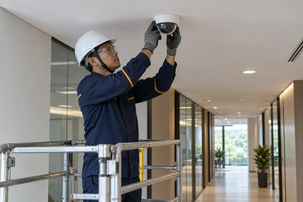 Ilustrasi AI teknisi memasang kamera CCTV dome pada plafon kantor dari platform kerja berpagar.