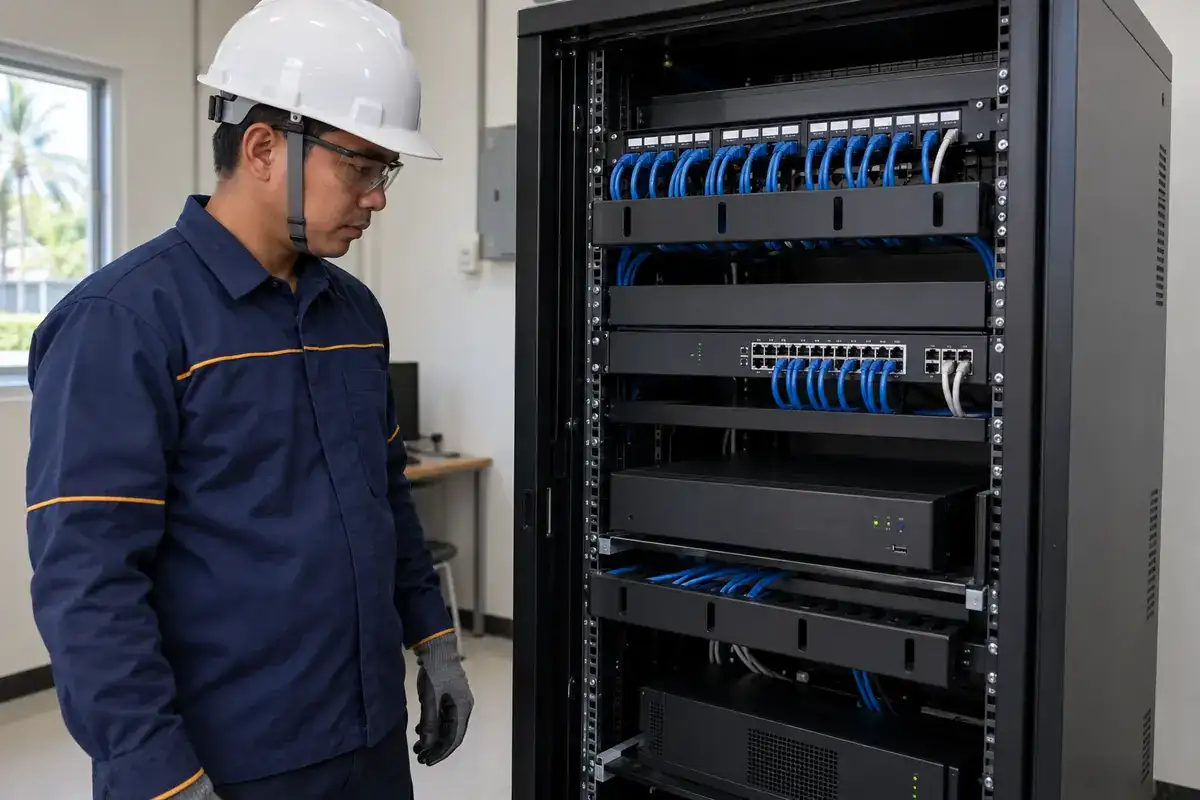 Ilustrasi AI teknisi meninjau NVR dalam rak perangkat dengan patch panel dan kabel jaringan tertata.