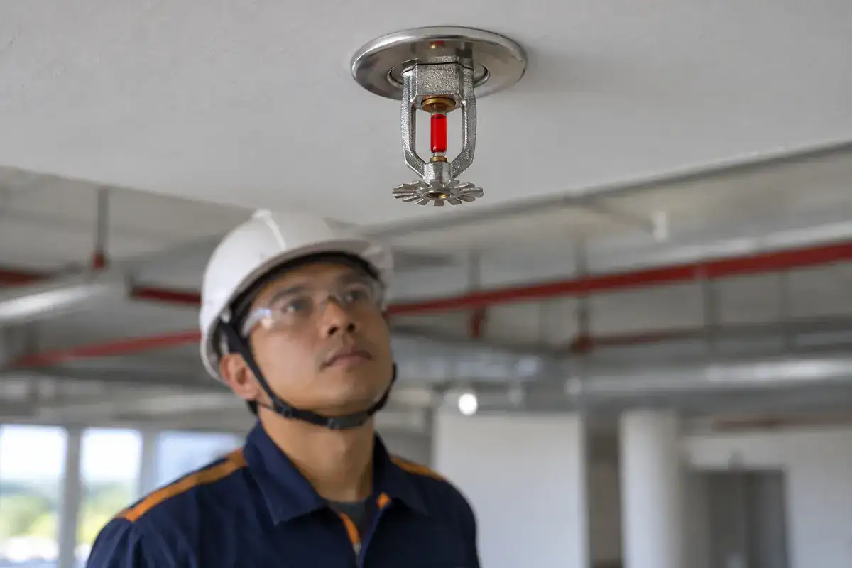 Ilustrasi AI kepala sprinkler terpasang di plafon gedung komersial dengan teknisi di latar.
