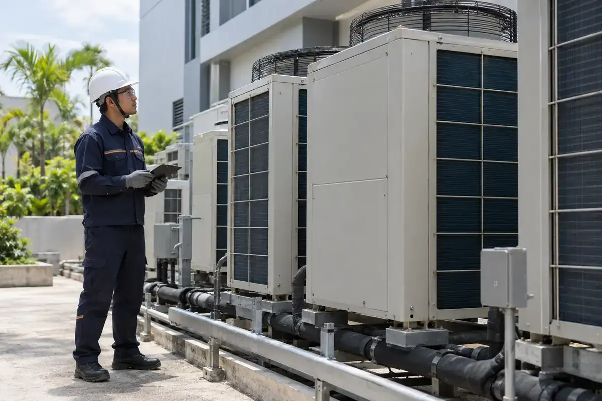 Ilustrasi AI teknisi meninjau unit outdoor VRV/VRF komersial dari permukaan kerja yang aman.