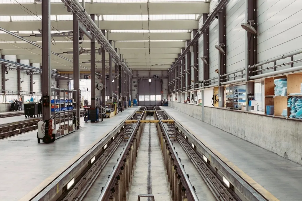 Interior fasilitas industri dengan jalur rel dan area produksi